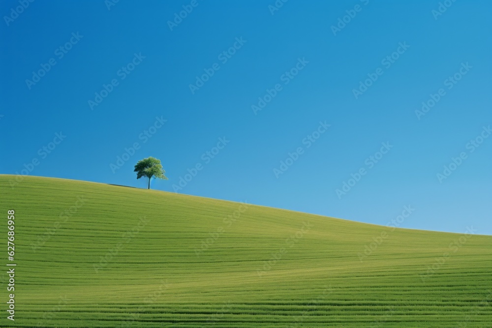 Hill with green grass and single tree. Beautiful illustration picture. Generative AI