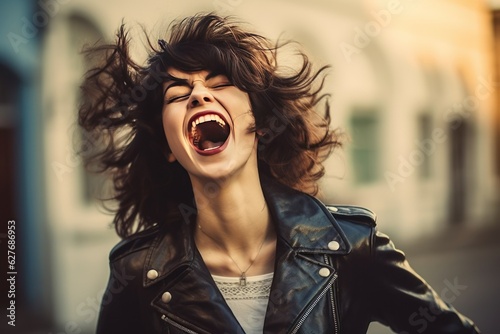 Portrait of a beautiful rocker woman in a black leather jacket on a studio background. Screaming girl isolted exemplifies youthful rebellion, alternative fashion, self-expression. photo