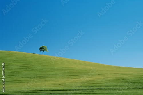 Hill with green grass and single tree. Beautiful illustration picture. Generative AI