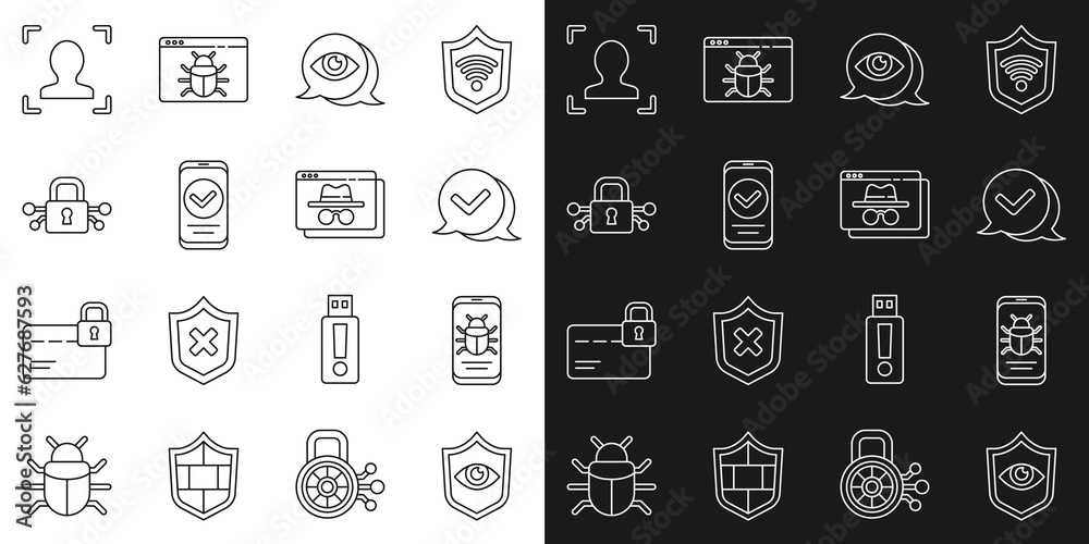 Set line Shield and eye, System bug on mobile, Check mark in speech bubble, Eye scan, Smartphone, Cyber security, Face recognition and Browser incognito window icon. Vector