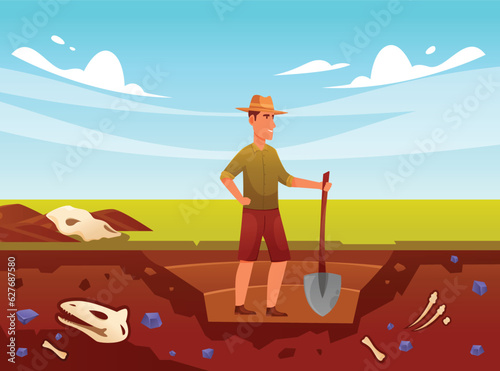 Vector character illustration of a man digging for fossils