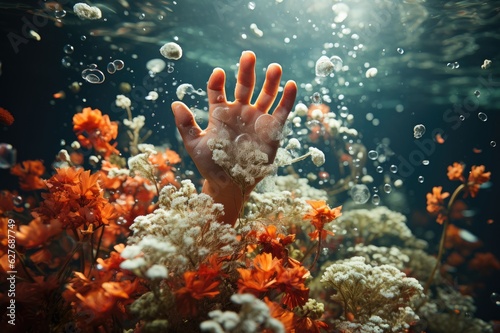 The Aquatic Odyssey": Discovering the Wonders Below - Mesmerizing Underwater Photograph Spotlights a Scuba Diver's Hands amidst a Magical World of Coral Reefs Generative AI