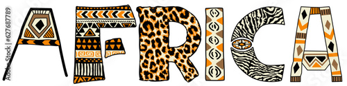 Africa word mark with animal fur and ethnic fabric decoration