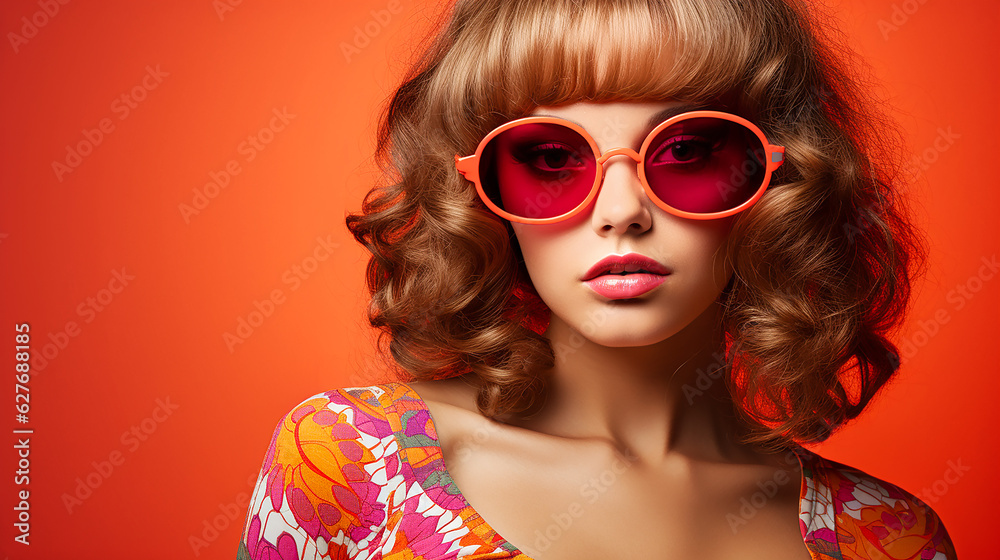 Portrait of a happy fair-haired woman in sunglasses Colourful psychedelic 1970s. AI generative. Portrait of a happy fair-haired woman in sunglasses Colourful psychedelic 1970s. AI generative.
