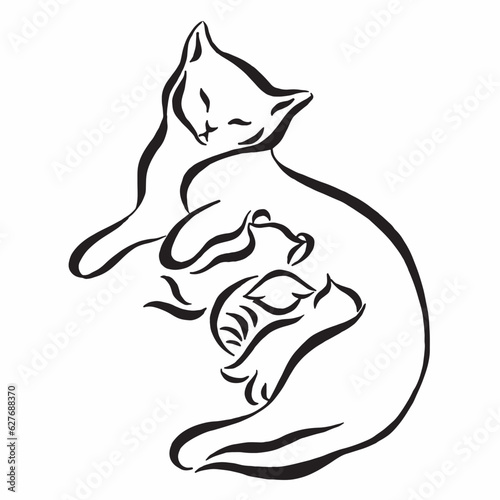 Cat with kittens black and white drawing isolated on white background. illustration of a mother cat nursing kittens. linear drawing. Cats silhouette drawing by hand. Animal vector image. logo. Tattoo.