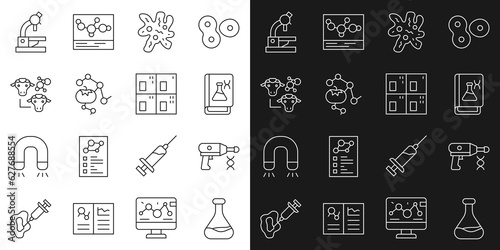 Set line Test tube and flask, Transfer liquid gun, Genetic engineering book, Cell, Genetically modified food, Cloning, Microscope and Periodic table icon. Vector