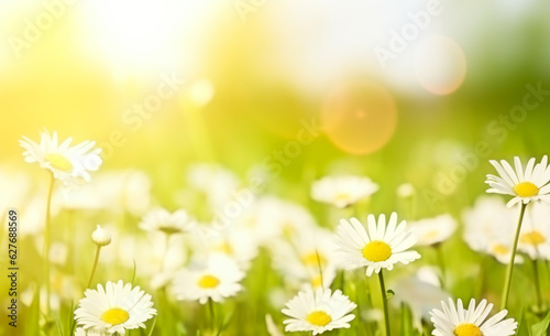 Summer or spring floral background. Wildflowers, sun glare, greenery, nature. banner. AI generation © Sergii