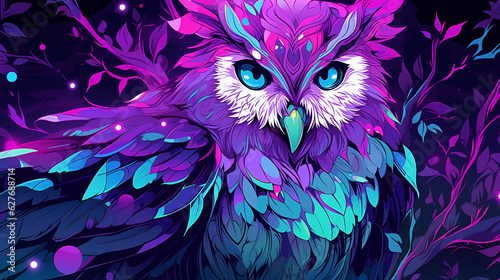 wise owl purple and turquoise vector, AI generatio photo