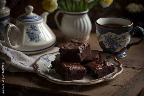 Chocolate brownie cakes and coffee