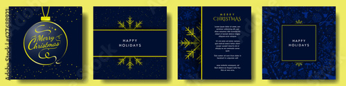 Set of Midnight Blue and Yellow Christmas Template Designs. Beautiful Monochromatic Christmas Backgrounds with blue soft Christmas element patterns. Editable Vector Illustration. EPS 10.