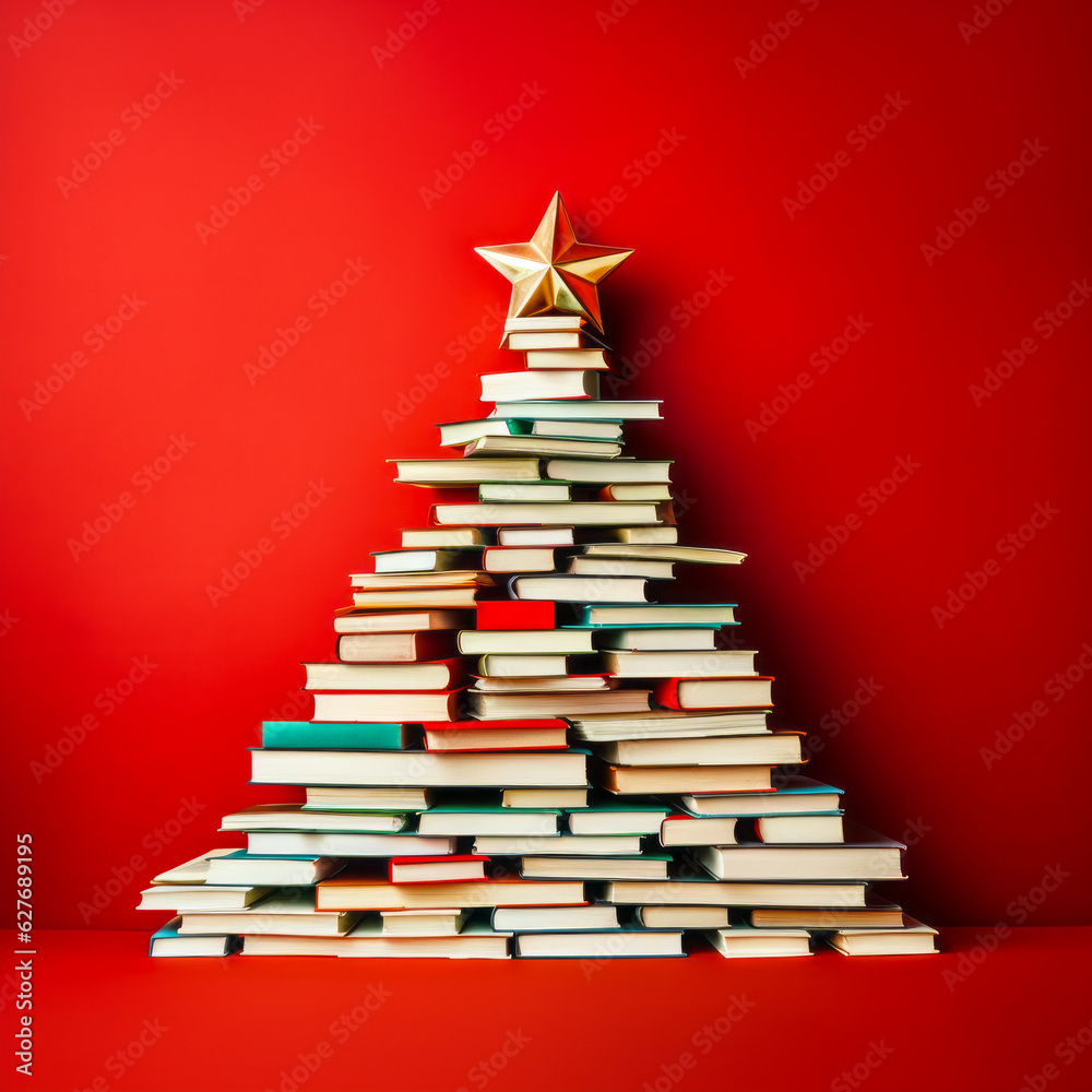 Books arranged in the shape of a Christmas tree with a golden star on top against red background. Holiday book sale or black friday concept. Generative AI. Books arranged in the shape of a Christmas tree with a golden star on top against red background. Holiday book sale or black friday concept. Generative AI.