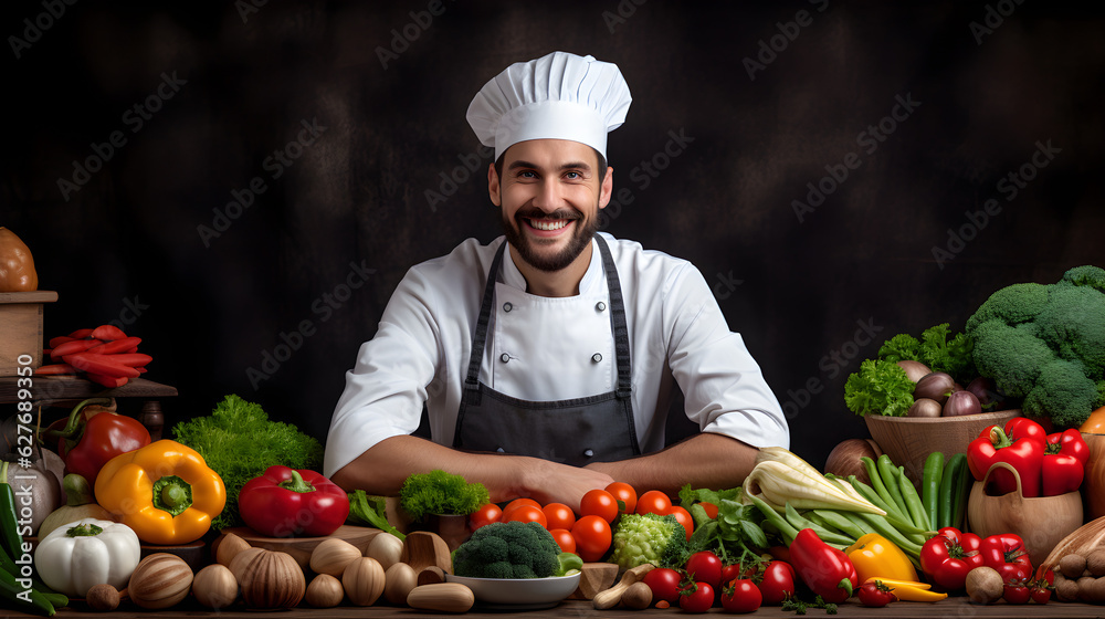 Culinary Master at Work: Captivating Image of a Male Chef in Kitchen, Sporting a Smile, Apron, and Hat, Surrounded by Fresh Fruits and Vegetables Amidst Culinary Creations Culinary Master at Work: Captivating Image of a Male Chef in Kitchen, Sporting a Smile, Apron, and Hat, Surrounded by Fresh Fruits and Vegetables Amidst Culinary Creations