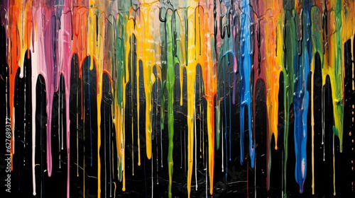 Rainbow Colored Paint Drip, Dark Black & Yellow Style, Intense Colors, Textural Surface, Hard Edge Painting. Bright Luster on Large Canvases. Light Orange & Dark Cyan Accents. photo