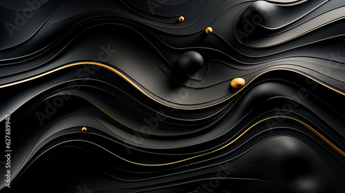 Incredible fantasy black and gold background. Balls, circles, golden drops. The texture of stucco, a wall with curves and inversions of black plastic, and mirror surfaces. AI generation photo