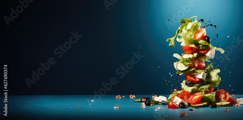 Stack of balancing greek salad isolated on vivid background with a copy space, creative concept