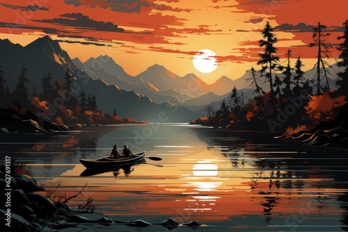 Serenity Unveiled: The Canoe's Silhouette Gliding Gracefully on a Tranquil Sunset Lake, Embraced by Majestic Mountains Generative AI