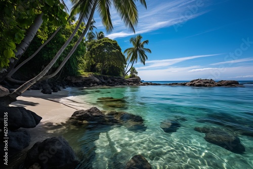 Serene Indonesian Beach with Palm Tree  Generative AI