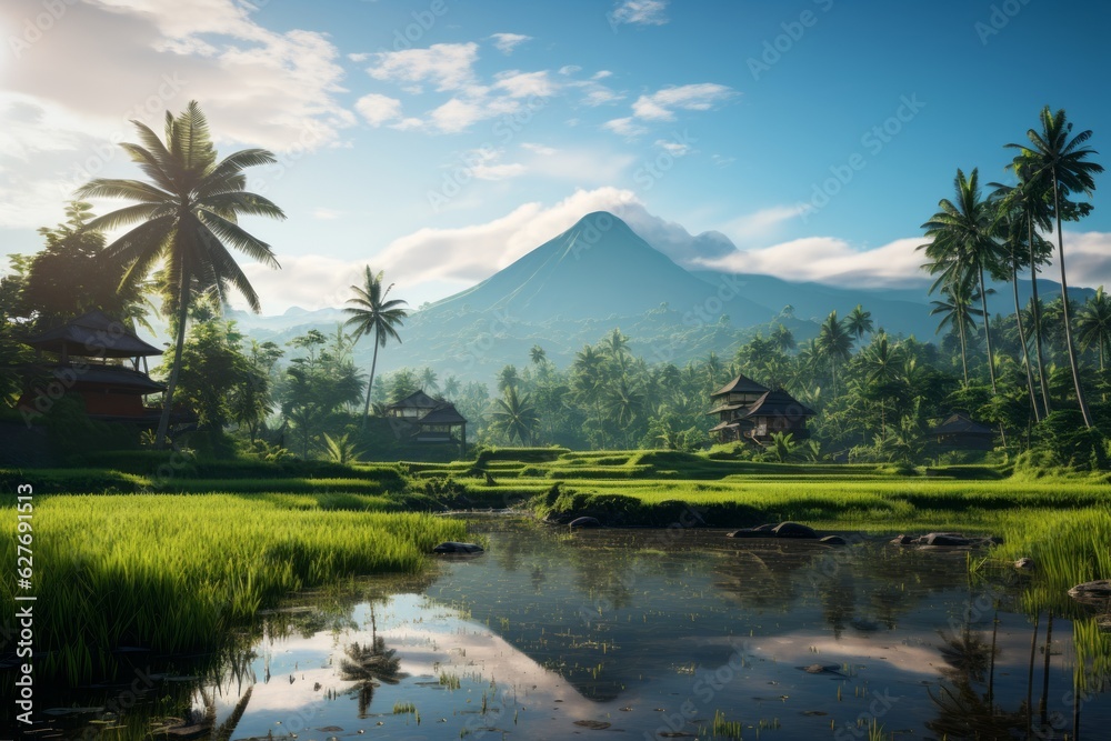Naklejka premium Serene Indonesian Rice Paddy Field, Generative AI