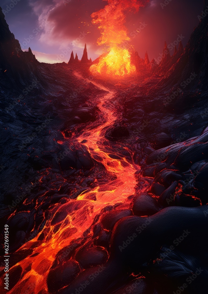 Fototapeta premium Active vulcano outbreak lava in big shaped mountains, fog all around, close up on lava.