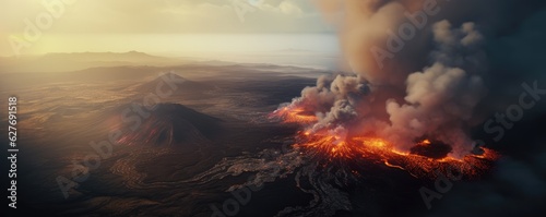 Active vulcano outbreak lava in big shaped mountains, fog all around, close upon lava, panorama.