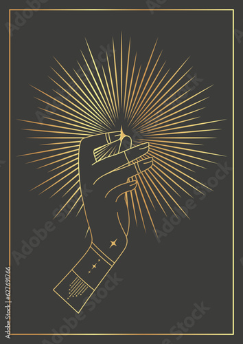 Golden astrology mystic hand with shining star illustration poster