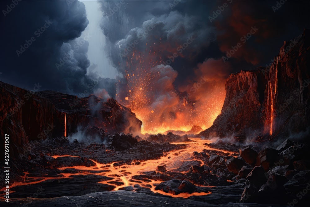 Fototapeta premium Active vulcano outbreak lava in big shaped mountains, fog all around, close up on lava.
