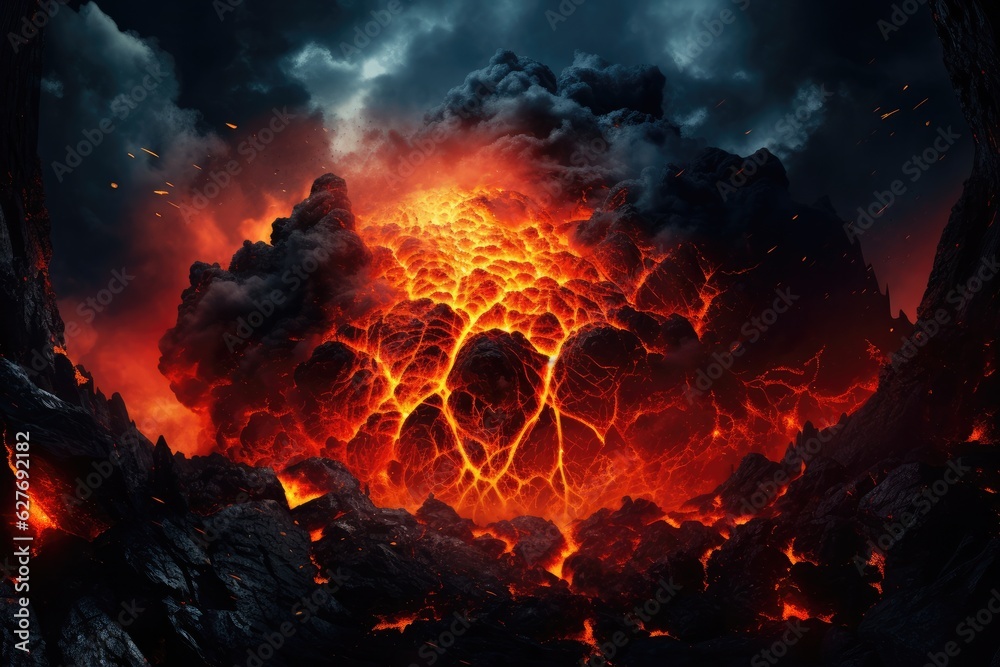 Active vulcano outbreak lava in big shaped mountains, fog all around, close up on lava. Active vulcano outbreak lava in big shaped mountains, fog all around, close up on lava.
