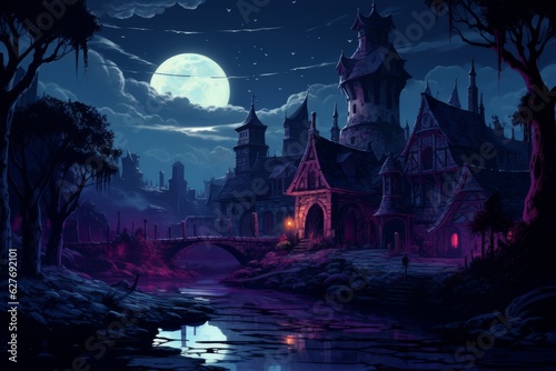 Synthwave gothic village at medieval times. Beautiful illustration picture. Generative AI