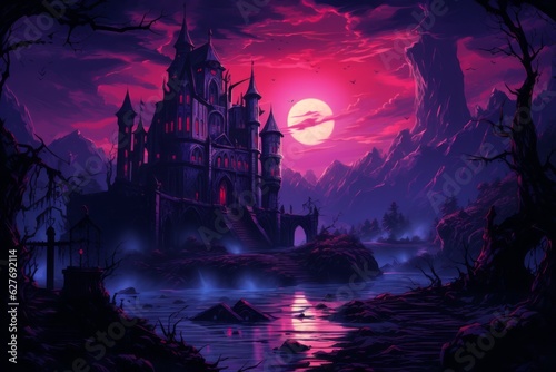 Synthwave gothic village at medieval times. Beautiful illustration picture. Generative AI
