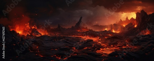 Active vulcano outbreak lava in big shaped mountains, fog all around, close upon lava, panorama.