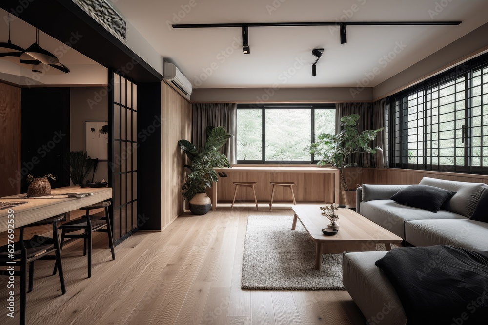 Fototapeta premium Modern apartment with elegant interior design, stylish furniture, cozy sofa, wooden coffee table and trendy decor.