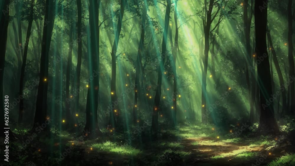 Fireflies in the night forest, Anime seamless Background, 30 FPS.