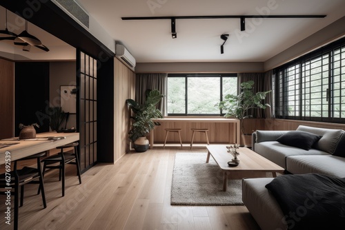 Modern apartment with elegant interior design, stylish furniture, cozy sofa, wooden coffee table and trendy decor. © Iryna