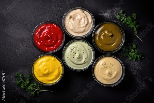 A varied assortment of sauces from spicy ketchup to creamy mayonnaise and spicy mustard are presented in bowls against a black background.