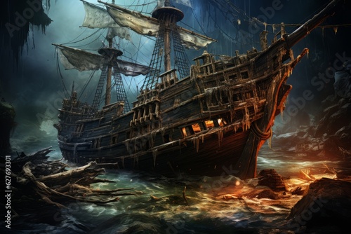 Pirate shipwreck. Beautiful illustration picture. Generative AI