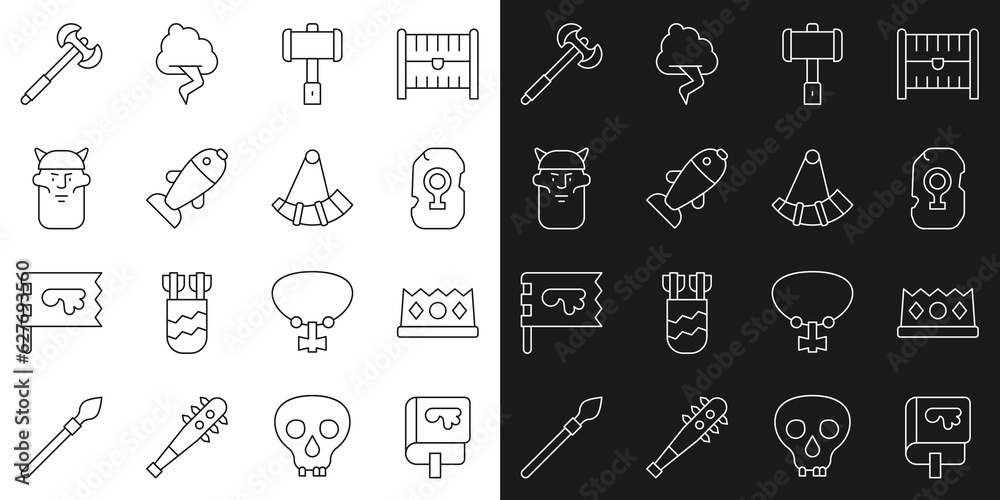 Set line Viking book, King crown, Magic rune, Battle hammer, Fish, head, Medieval poleaxe and Hunting horn icon. Vector Set line Viking book, King crown, Magic rune, Battle hammer, Fish, head, Medieval poleaxe and Hunting horn icon. Vector