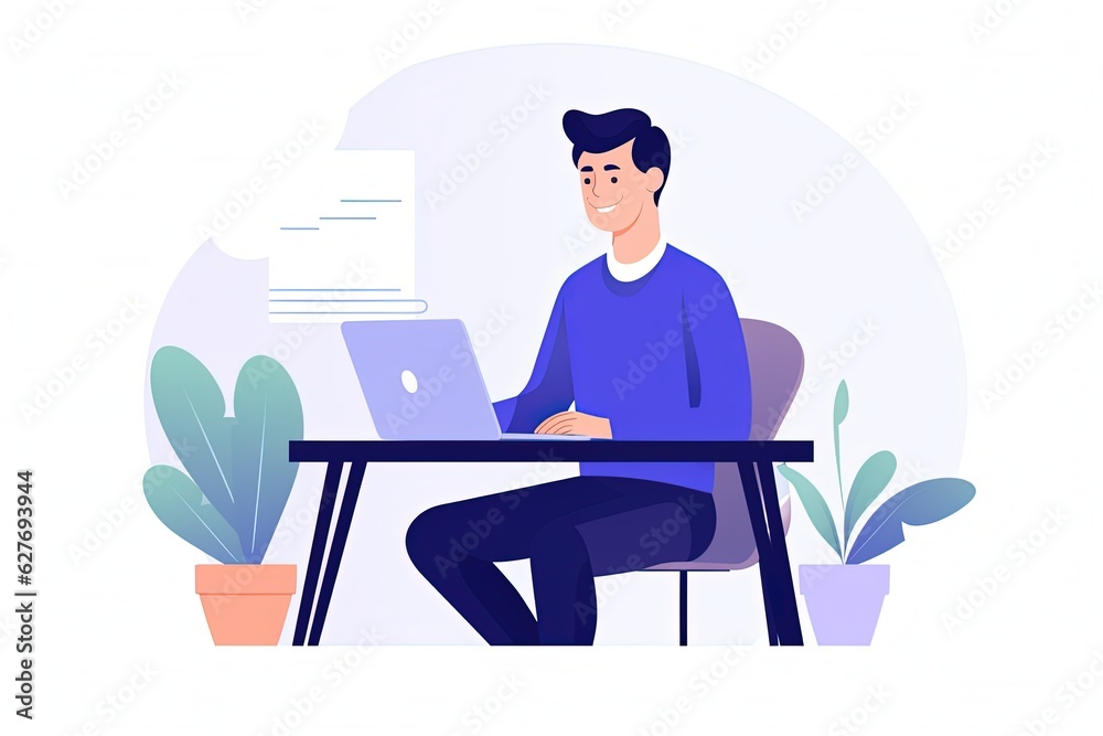 Businessman working on laptop computer at desk. Work from home. cartoon Flat illustration. generative ai Businessman working on laptop computer at desk. Work from home. cartoon Flat illustration. generative ai
