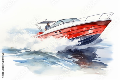 Watercolor painting of a race boat in action scene. Beautiful illustration picture. Generative AI © standret