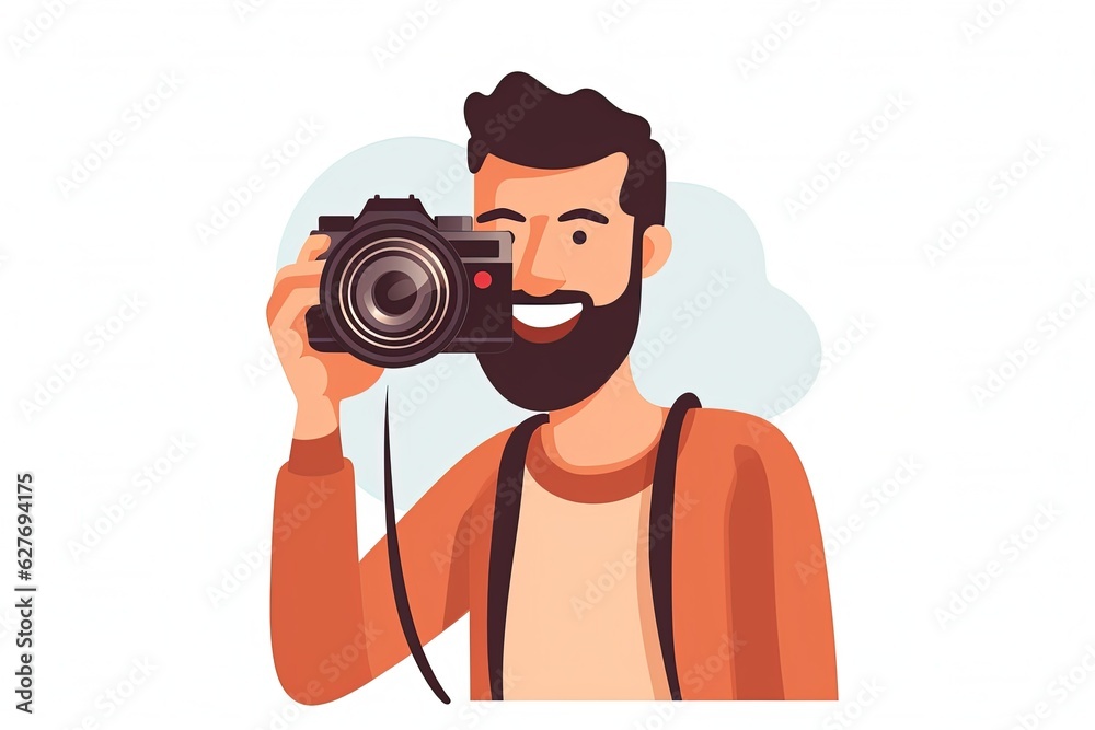 Male photographer takes a photo using a camera SLR. Flat illustration of young man character and photography isolated on white background. generative ai Male photographer takes a photo using a camera SLR. Flat illustration of young man character and photography isolated on white background. generative ai