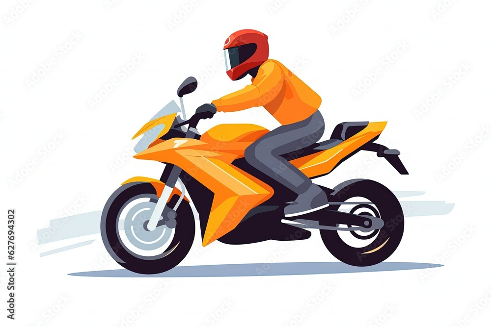 Young man character wearing helmet riding motorcycle. Flat vector illustration. generative ai