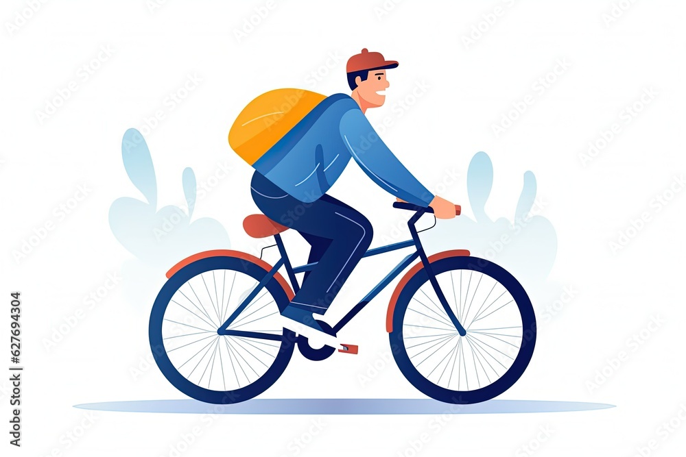 Fototapeta premium Young man riding bicycle with bag. cartoon illustration graphic design. generative ai
