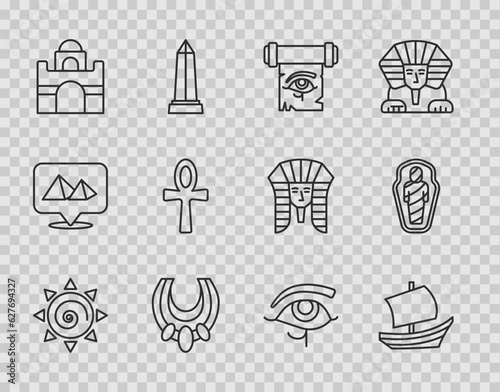 Set line Sun, Egyptian ship, Eye of Horus on papyrus scroll, necklace, house, Cross ankh, and mummy in sarcophagus icon. Vector