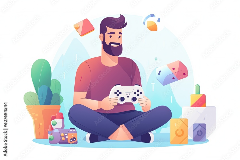 Illustration of game controller in hands. man playing game on console happily. generative ai Illustration of game controller in hands. man playing game on console happily. generative ai