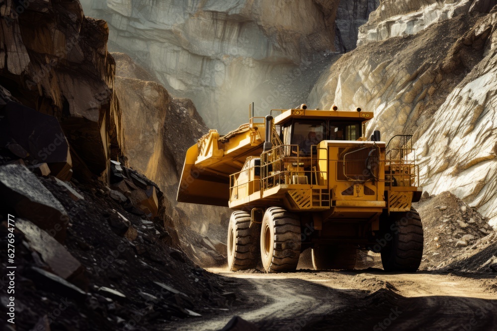 Yellow heavy equipment truck in the quarry. Beautiful illustration picture. Generative AI Yellow heavy equipment truck in the quarry. Beautiful illustration picture. Generative AI