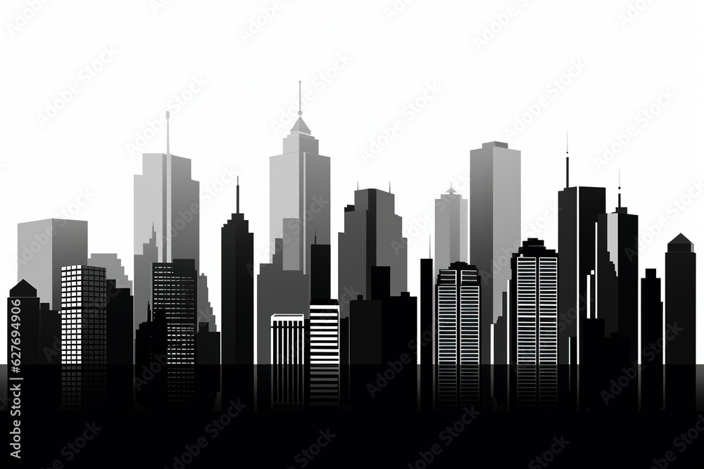 Modern City Skyline illustration. black city buildings isolated on white background. generative ai