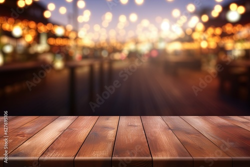 Blurred bokeh image of orange city lights. Blurred background on wooden table. used for presentation and template. generative ai
