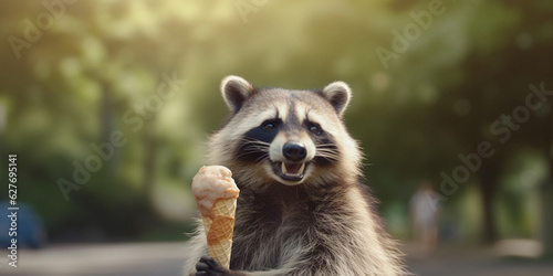 Joyful Raccoon Delighted by Ice Cream Cone in Waffle - AI generated