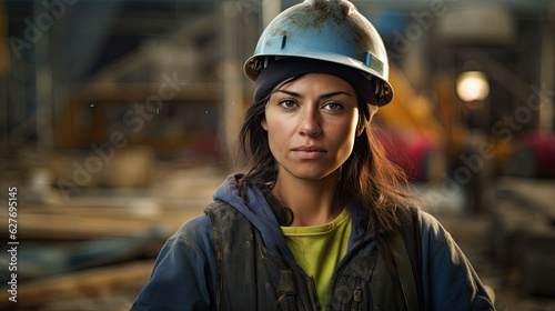 a young woman worker working confidently at a construction site, ai generative