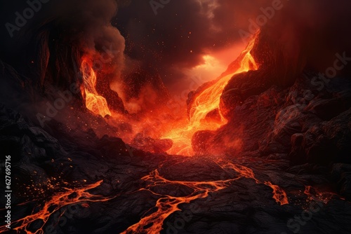 Active vulcano outbreak lava in big shaped mountains, fog all around, close up on lava.