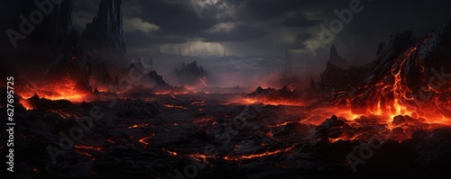 Active vulcano outbreak lava in big shaped mountains, fog all around, close upon lava, panorama.